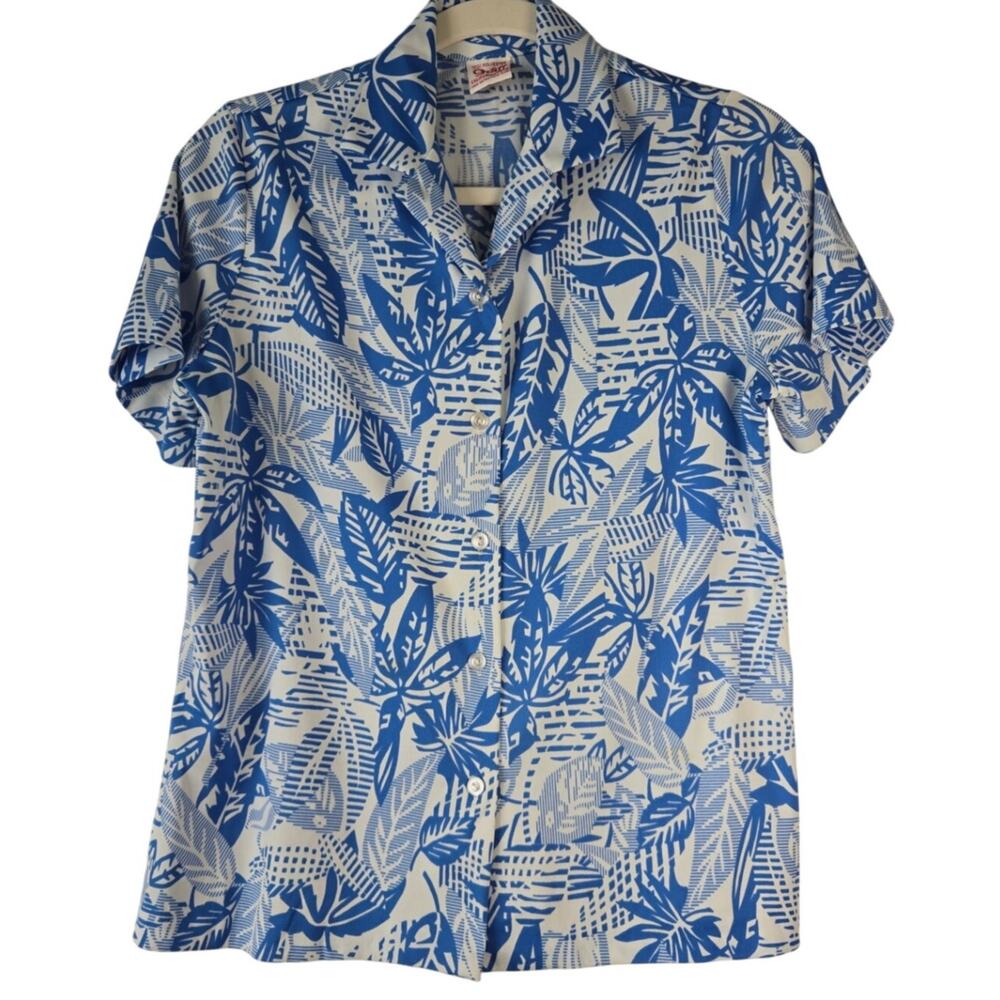VNTGE 70s Graff Californiawear Aloha Blue Coastal Grandma Short Sleeve Button Up